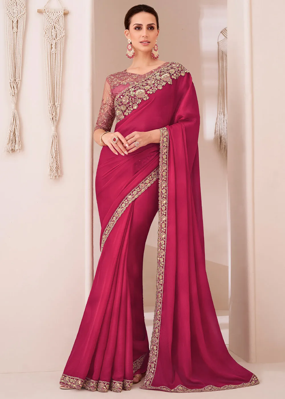 Ruby pink embroidered chiffon saree